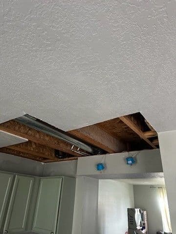 Kitchen ceiling and carpet water damage repair — before